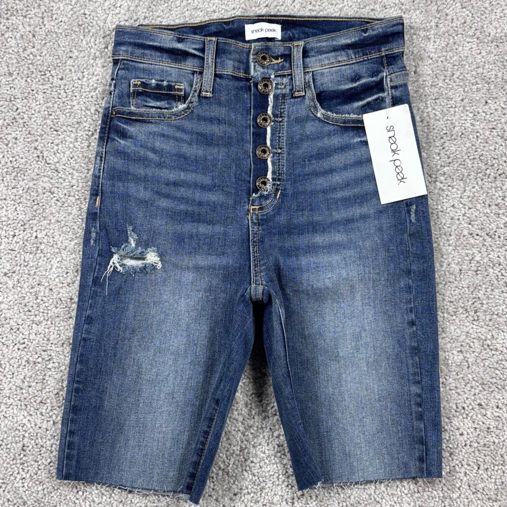 Sneak Peek‎ Womens High Rise Bermuda Distressed Shorts Medium Dark Wash 3/26